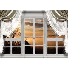 Fototapete mit einem nebligen Wald, Sonnenuntergang und 3D-Effekt durch ein Fenster.