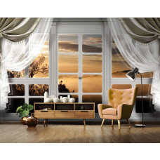 Eine Fototapete mit einem stimmungsvollen nebligen Wald durch ein Fenster, geeignet für das Wohnzimmer.