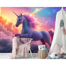 Unicorn-Fototapete mit Sternen und einem Regenbogen in den Wolken, verwendet in einem fantasievollen Kinderzimmer für ein Mädchen.