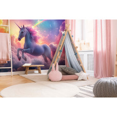 Fototapete mit einem Einhorn und einem Regenbogen in den Wolken, zu sehen in einem stimmungsvollen Mädchenzimmer in Pastellfarben.