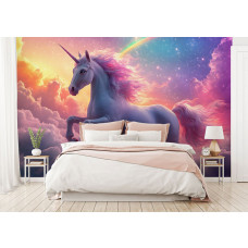 Fototapete mit einem verträumten Einhorn und einem Regenbogen über den Wolken, abgebildet in einem sanften Schlafzimmer für ein Mädchen.
