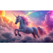 Fototapete mit einem Einhorn, das hoch in den Wolken schwebt, umgeben von einem Regenbogen und Sternen.