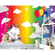 Eine Fototapete mit einem Einhorn und Regenbogen für das Schlafzimmer.