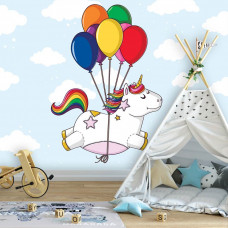 Eine Fototapete mit einem Einhorn mit Luftballons, geeignet für ein Mädchenzimmer.