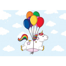 Eine Fototapete mit einem Einhorn mit Luftballons im Himmel, perfekt für ein Babyzimmer oder ein Kinderzimmer.