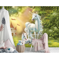 Einhörner und Elfenland auf einer märchenhaften Fototapete für ein Mädchenzimmer.