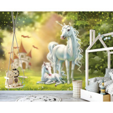 Einhörner und Elfenland auf einer märchenhaften Fototapete für das Mädchenzimmer.