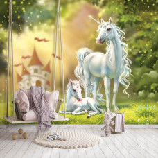 Einhörner und Elfenland auf einer märchenhaften Fototapete für ein Mädchenzimmer.