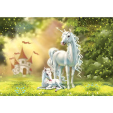 Fototapete mit Einhörnern im Elfenland, magisches und märchenhaftes Design für ein Kinderzimmer mit Fantasie-Thema.