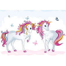 Fototapete mit bunten Einhörnern, geeignet für Kinderzimmer.