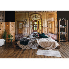 Eine städtische Fototapete im Industriestil für das Schlafzimmer.