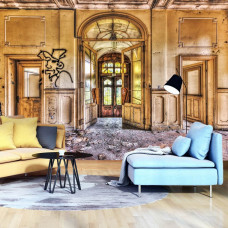 Eine städtische Fototapete im Industriestil für das Wohnzimmer.