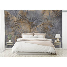 Ein Fototapet von Urban Jungle mit Pflanzen und Blättern auf Beton in einem Schlafzimmer.