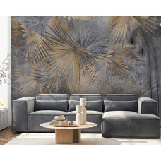 Ein Fototapet von Urban Jungle mit Pflanzen und Blättern auf Beton in einem Wohnzimmer mit Vliesbehang.