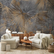 Ein Fototapet von Urban Jungle mit Pflanzen und Blättern auf Beton in einem Wohnzimmer.