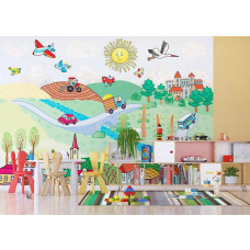 Eine Fototapete von 'Vendula' mit einer verspielten Stadtszene für ein Kinderzimmer.