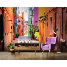 Eine Fototapete mit bunten Häusern entlang eines Kanals in Burano, Venedig.