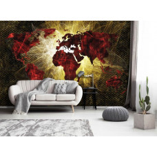 Eine Fototapete einer beleuchteten Weltkarte mit abstrakter Kunst, ideal für das Wohnzimmer.