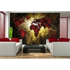 Eine Fototapete einer beleuchteten Weltkarte im abstrakten Stil, geeignet für das Wohnzimmer.