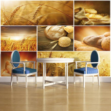 Eine Fototapete mit frischem Brot und Getreide für eine Bäckerei-Umgebung.