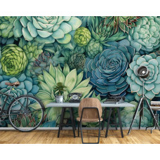 Fototapete mit Sukkulenten im Kunststil mit grünen Blumen im Büro.