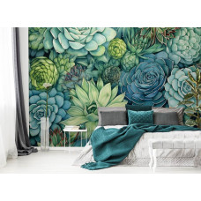 Fototapete mit Sukkulenten im Kunststil mit grünen Blumen im Schlafzimmer.