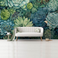 Fototapete mit Sukkulenten im Kunststil mit grünen Blumen im Wohnzimmer.