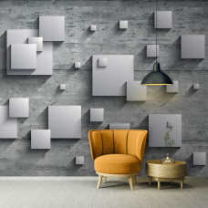 Eine Fototapete mit schlichten geometrischen Formen in Quadraten, perfekt für das Wohnzimmer.