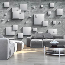 Eine Fototapete mit quadratischen Formen in einem abstrakten geometrischen Design, geeignet für das Wohnzimmer.