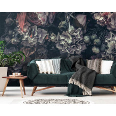 Eine Fototapete mit Vintage-Blumenmuster, zu sehen im Schlafzimmer und Wohnzimmer.