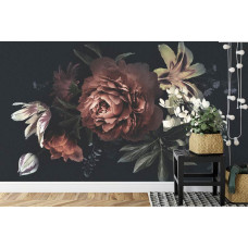 Eine Fototapete mit einem klassischen Bouquet von Pfingstrosen, dargestellt in einer Küche.