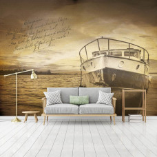 Eine Fototapete mit einem alten Boot auf einem See, geeignet für ein Wohnzimmer.