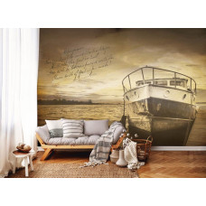 Eine Fototapete mit einer klassischen Seenlandschaft und einem Boot im Vintage-Stil.