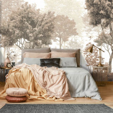 Fototapete Wald mit 2 Vögeln in Vintage-Farben in einem Schlafzimmer.