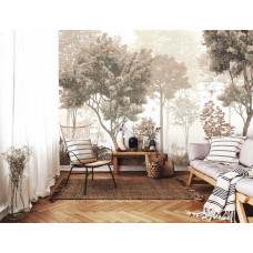 Fototapete Wald mit 2 Vögeln in Vintage-Farben auf Vliestapete in einem Wohnzimmer.