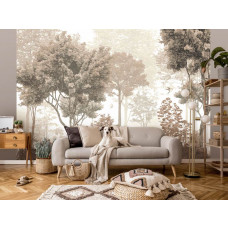 Fototapete Wald mit 2 Vögeln in Vintage-Farben im Wohnzimmer.