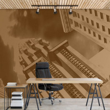 Fototapete eines Vintage-Gebäudes mit architektonischen Details, platziert in einem Büro.