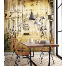 Eine Fototapete mit einer Stadtlandschaft in einem nostalgischen Stil, ideal für eine Küche.