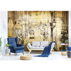 Eine Fototapete mit einer Vintage-Stadt-Rendering, perfekt für das Wohnzimmer.