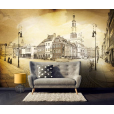 Eine Fototapete mit einer historischen Darstellung der Stadt Poznan, perfekt für ein Wohnzimmer.