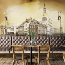Eine Fototapete mit einer historischen Darstellung von Poznan, perfekt für ein Restaurant.