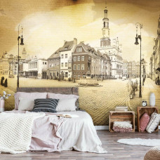 Eine Fototapete der Stadt Poznan in einem altmodischen Stil, geeignet für ein Schlafzimmer.