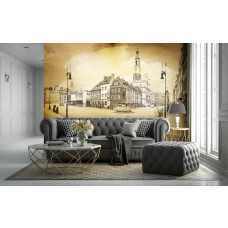 Eine Fototapete mit der alten Stadt Poznan, geeignet für ein Wohnzimmer.