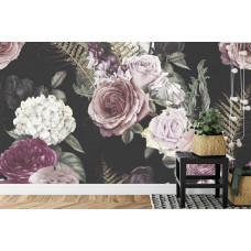 Eine Fototapete mit Vintage-Blumen in sanften Tönen, dargestellt in einer Küche.