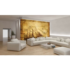 Eine Fototapete mit einem antiken Schiff, das auf einer ruhigen See fährt, umgeben von einer alten Landkarte, in einem stimmungsvollen Wohnzimmer.