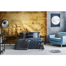 Eine Fototapete mit einem Vintage-Schiff auf einer historischen Landkarte des Meeres, platziert in einem ruhigen Schlafzimmer.