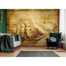 Eine Fototapete mit einem Vintage-Schiff und einer Seekarte als Hintergrund in einem stilvollen Wohnzimmer.