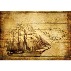 Eine Fototapete mit einem Vintage-Schiff, mit einer Landkarte des Meeres und einer antiken Darstellung eines Schiffes auf einem Abenteuer.