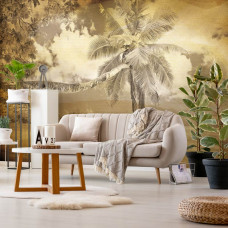 Eine Fototapete mit einer Strandszene mit Palmen und Meer im Vintage-Stil, perfekt für ein Wohnzimmer.