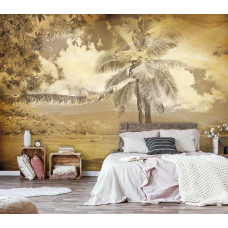 Eine Fototapete von einem tropischen Strand in einem alten Stil, geeignet für das Schlafzimmer.